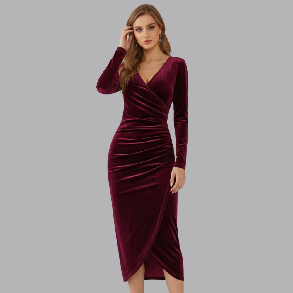Women’s Velvet Wrap Midi Dress V Neck Long Sleeve