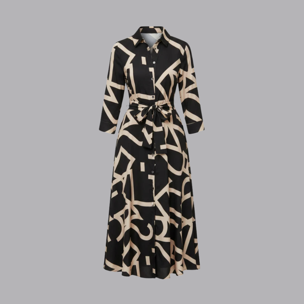 Women’s Abstract Print Midi Shirt Dress Tie Waist