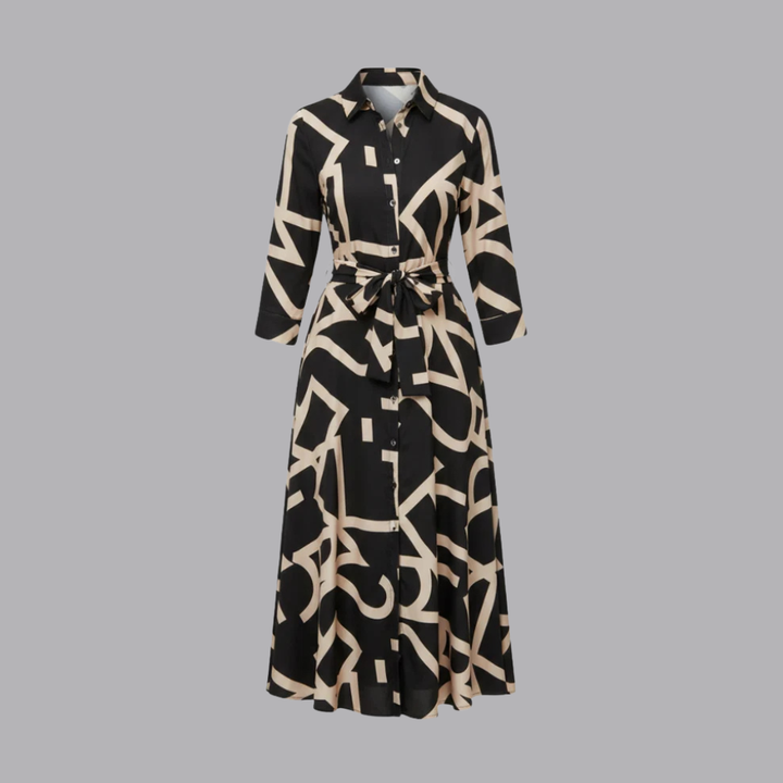 Women’s Abstract Print Midi Shirt Dress Tie Waist