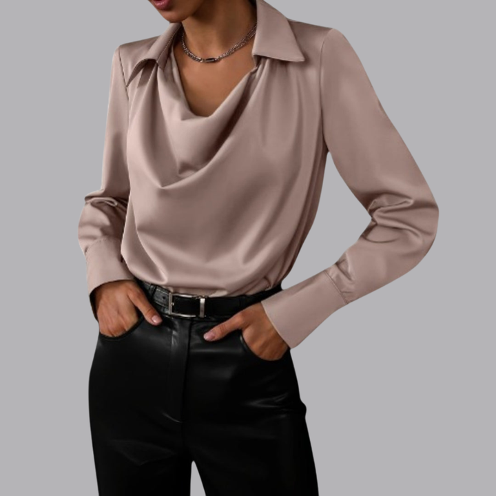 Women’s Satin Blouse Cowl Neck Long Sleeve Elegant Office Top