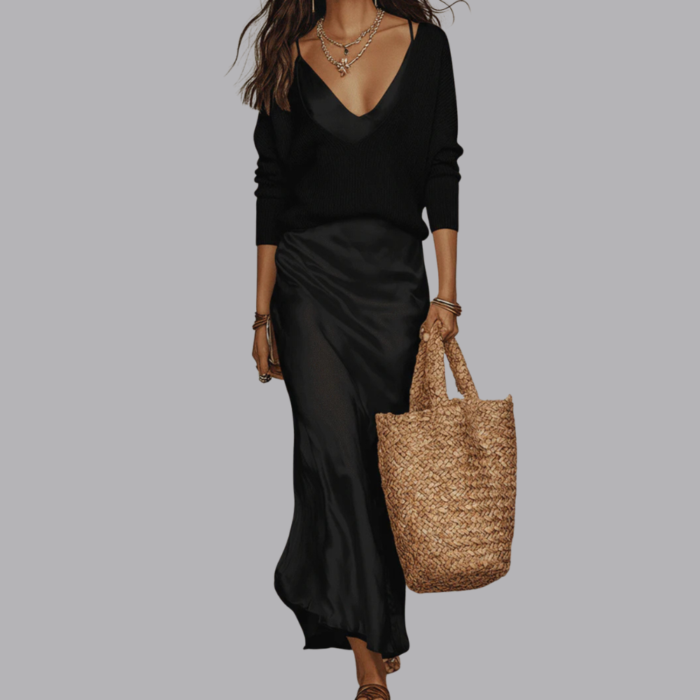 Women’s Satin Midi Skirt Long Sleeve Two Piece Set