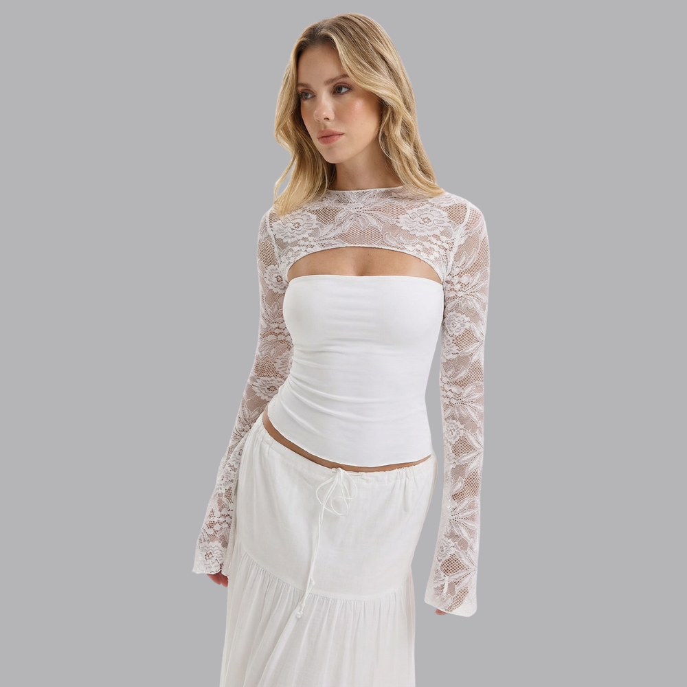 Women’s Floral Lace Sleeve Cut Out Front Fitted Top