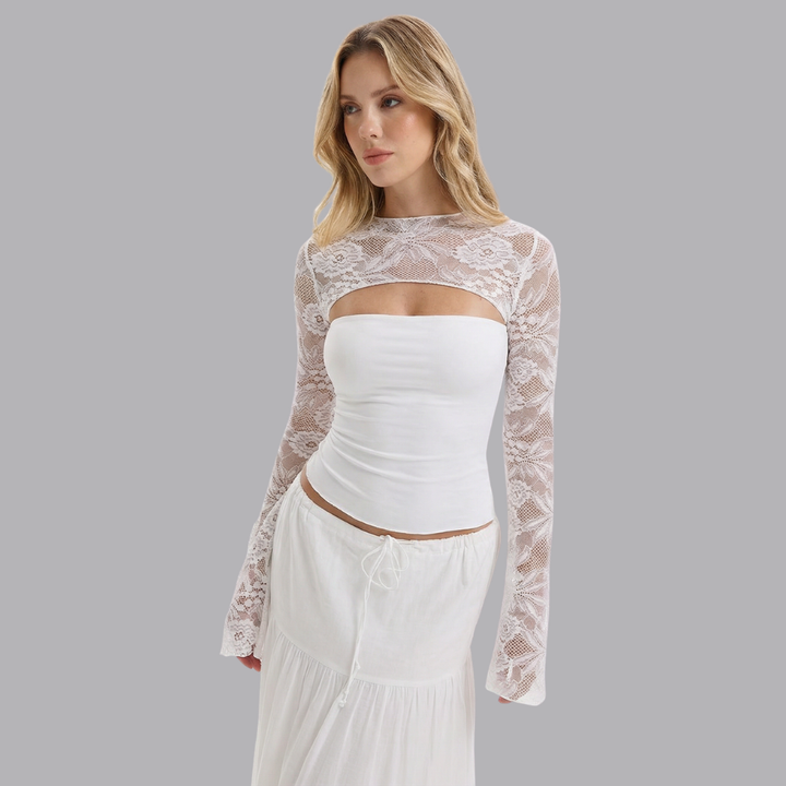 Women’s Floral Lace Sleeve Cut Out Front Fitted Top