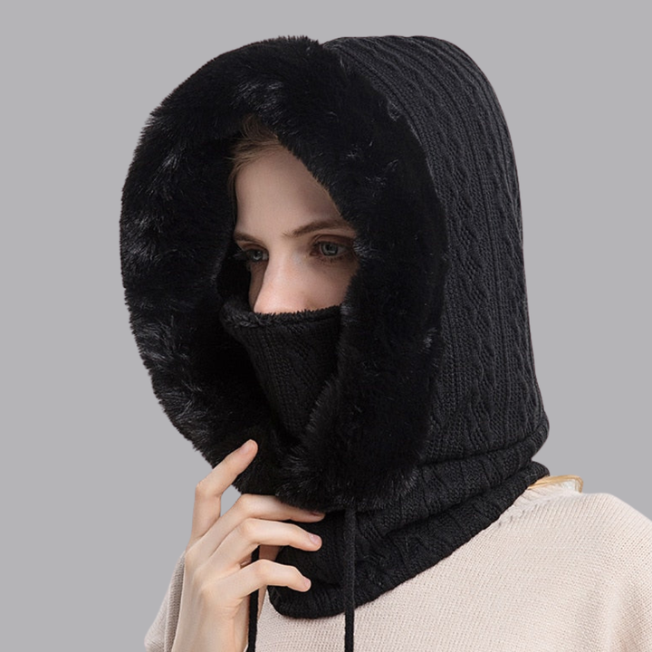 Women’s Knitted Balaclava Hood Scarf Faux Fur Trim Winter Snood