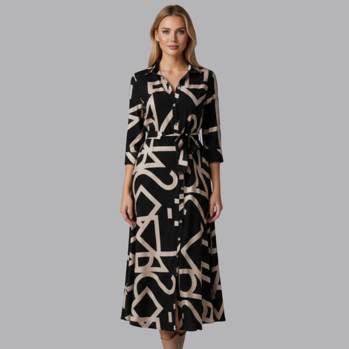 Women’s Abstract Print Midi Shirt Dress Tie Waist