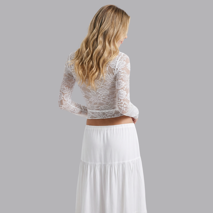 Women’s Floral Lace Sleeve Cut Out Front Fitted Top