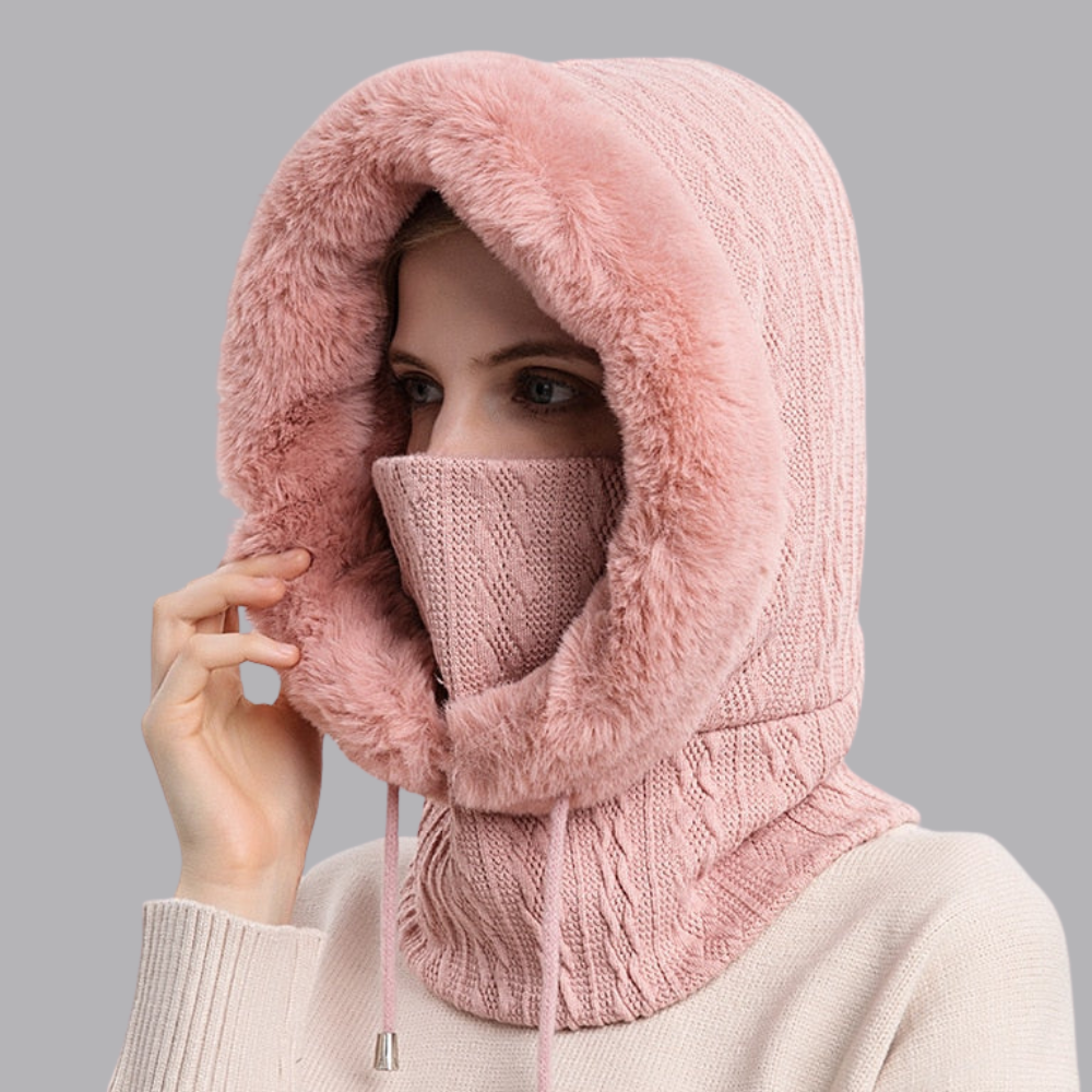 Women’s Knitted Balaclava Hood Scarf Faux Fur Trim Winter Snood