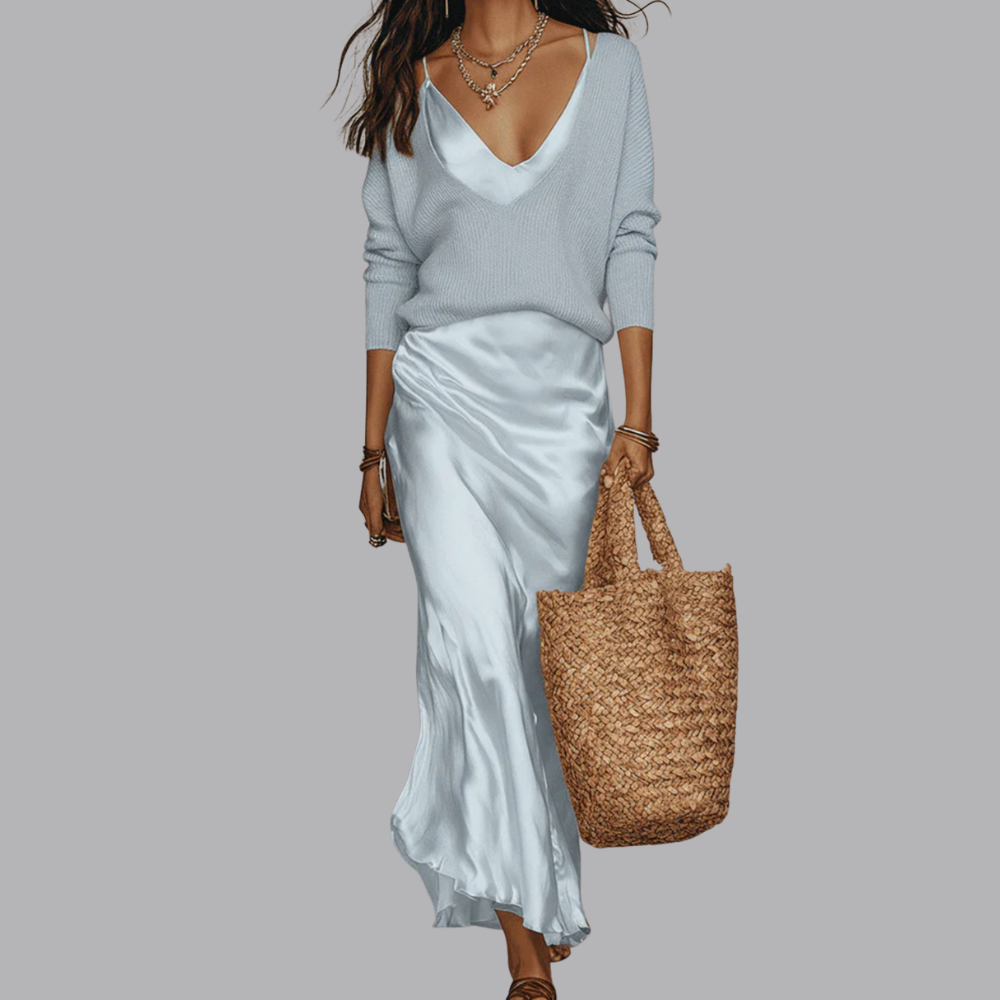 Women’s Satin Midi Skirt Long Sleeve Two Piece Set