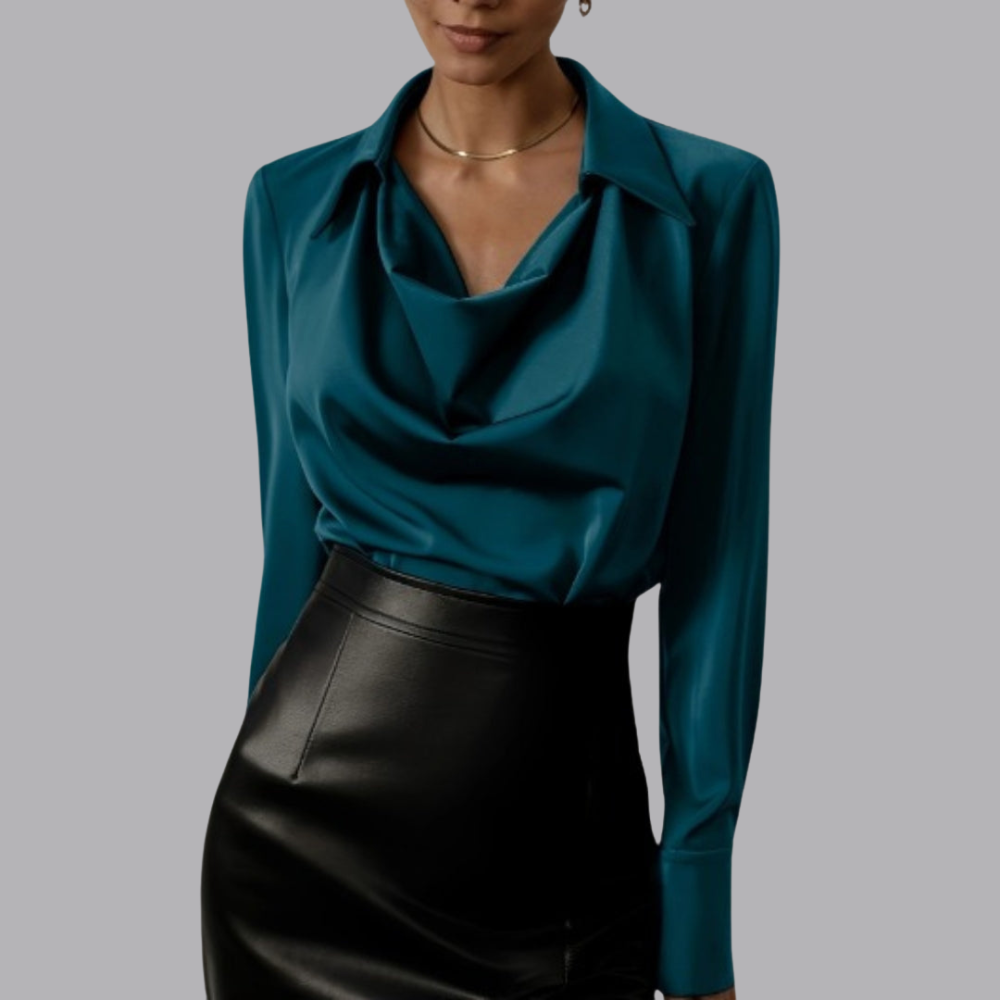 Women’s Satin Blouse Cowl Neck Long Sleeve Elegant Office Top