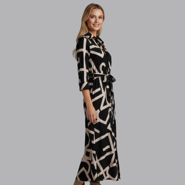 Women’s Abstract Print Midi Shirt Dress Tie Waist