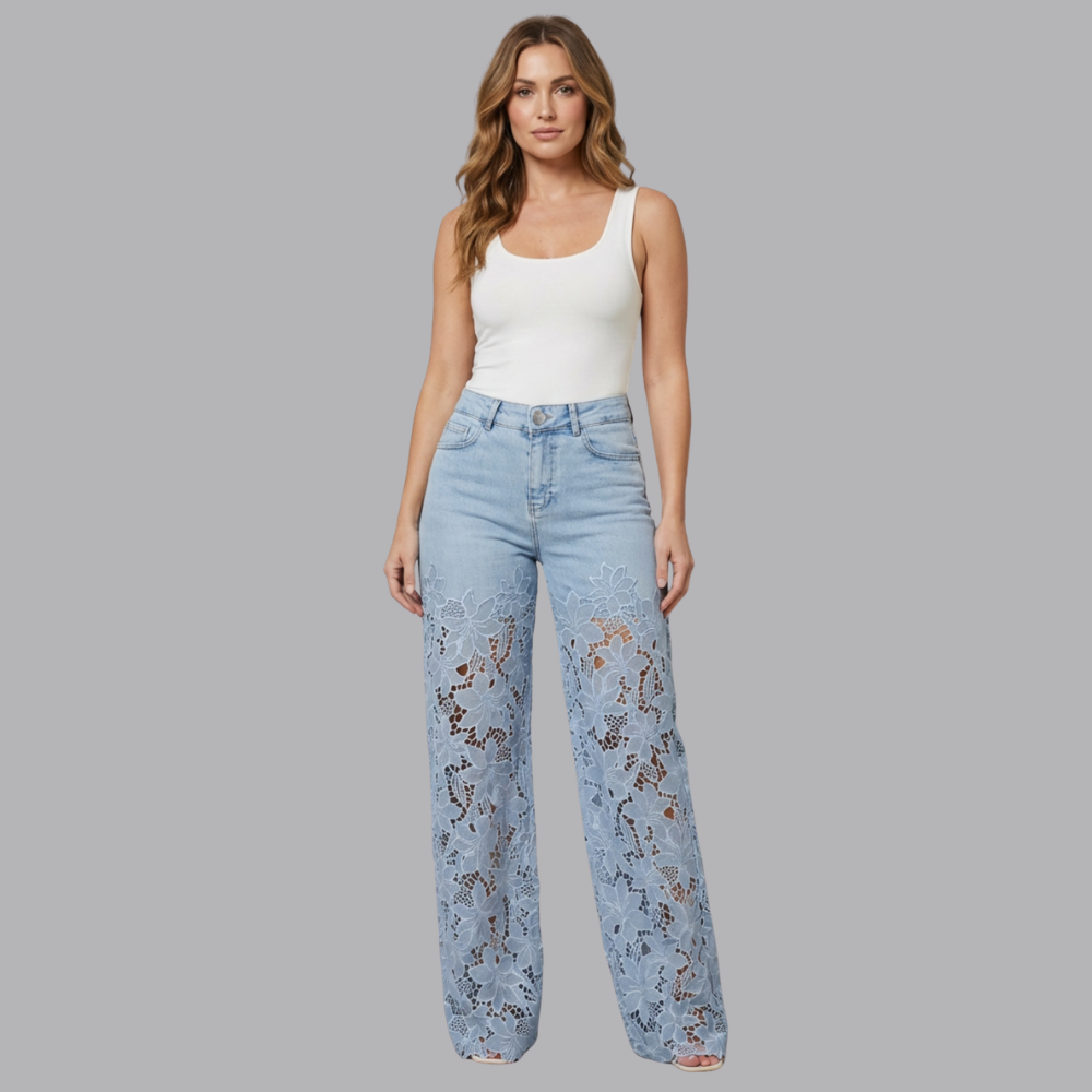 Women’s High Waisted Wide Leg Denim Jeans Floral Lace Panels