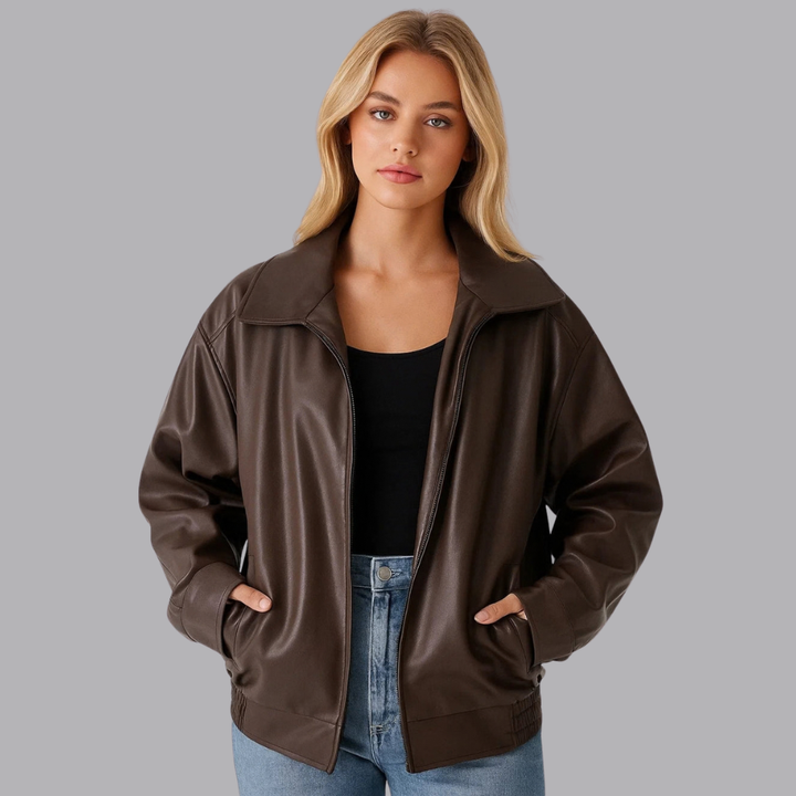 Women’s Faux Leather Bomber Jacket Oversized Fit Zip Front