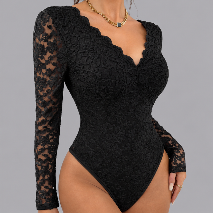 Women’s Black Floral Lace Bodysuit V Neck Long Sleeve Top
