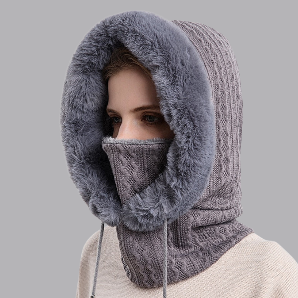 Women’s Knitted Balaclava Hood Scarf Faux Fur Trim Winter Snood