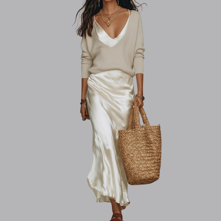 Women’s Satin Midi Skirt Long Sleeve Two Piece Set