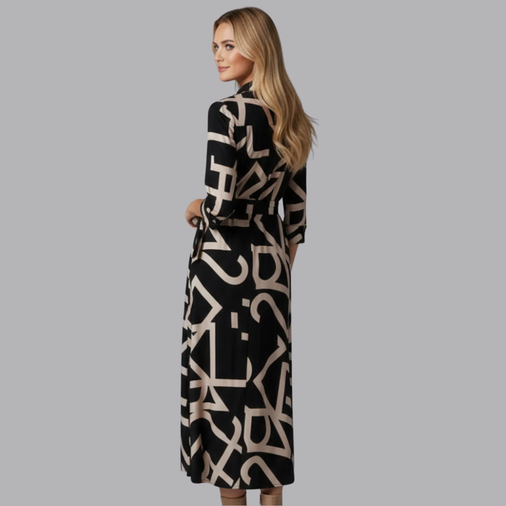 Women’s Abstract Print Midi Shirt Dress Tie Waist
