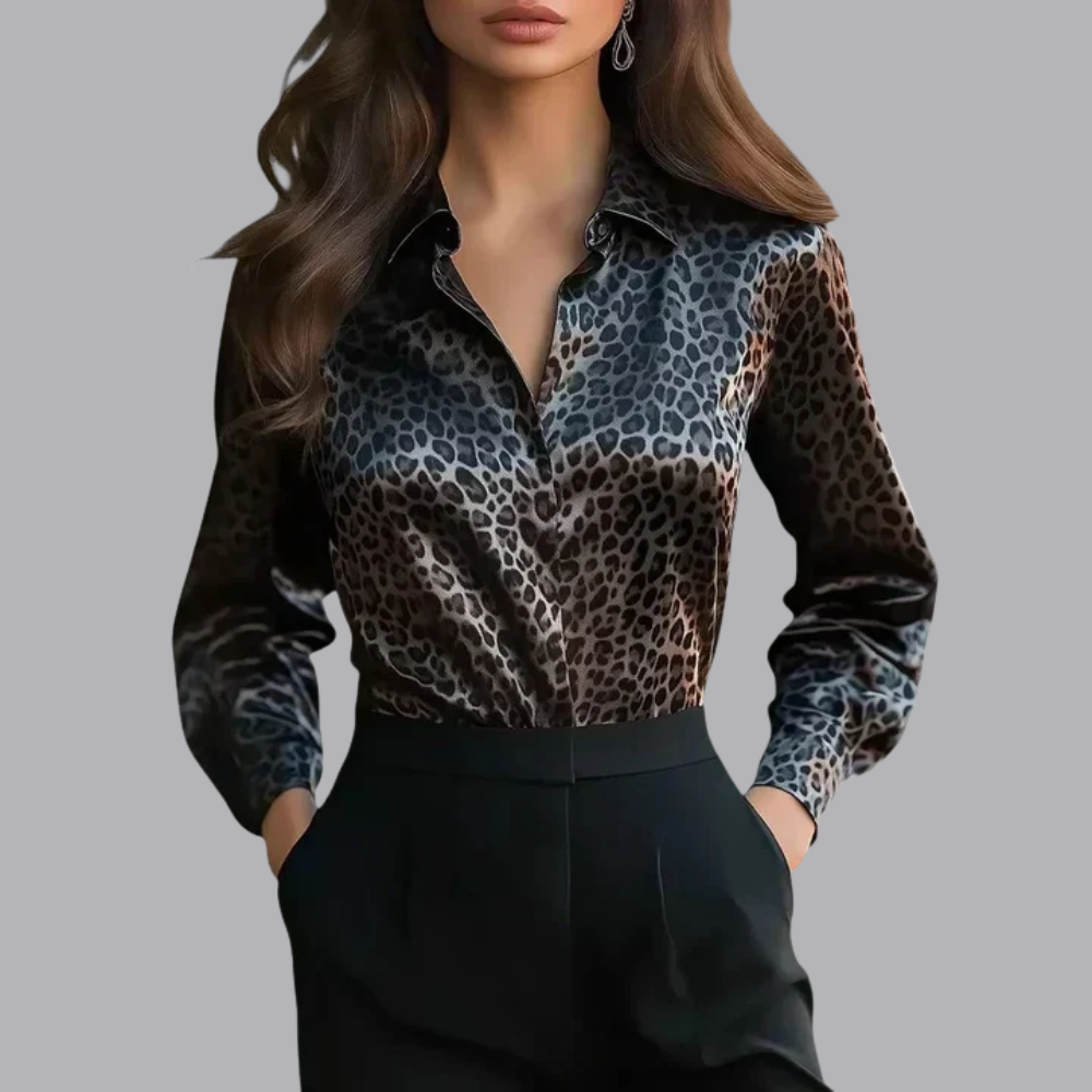 Women’s Satin Animal Print Blouse Long Sleeve Button Up Shirt