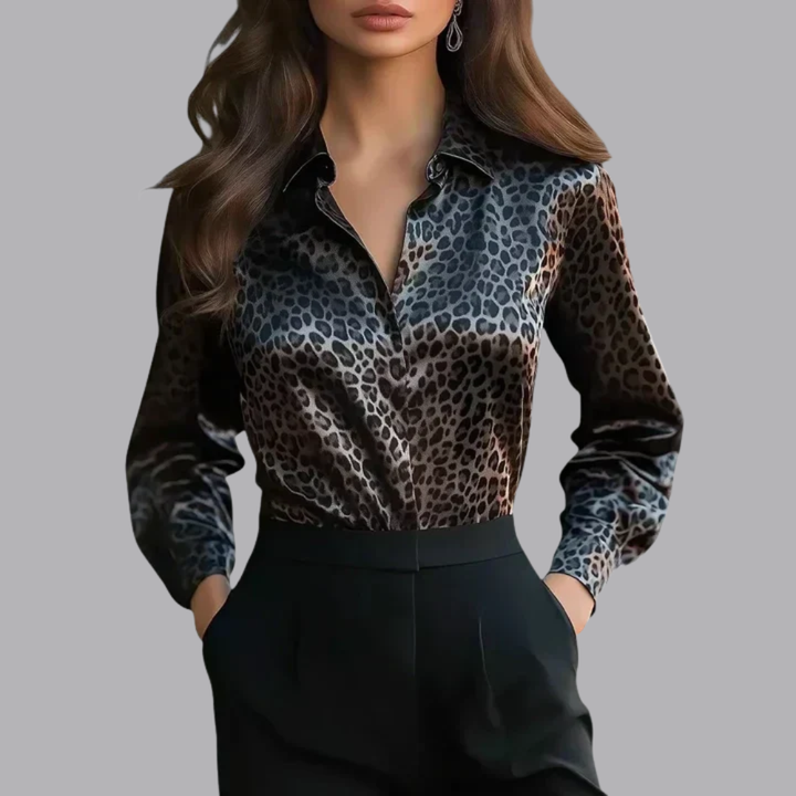 Women’s Satin Animal Print Blouse Long Sleeve Button Up Shirt