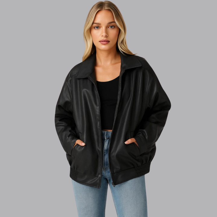 Women’s Faux Leather Bomber Jacket Oversized Fit Zip Front