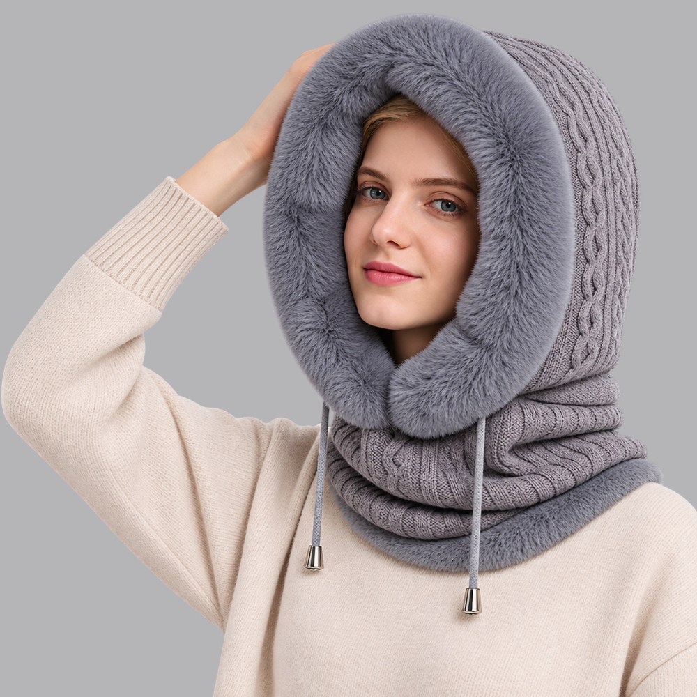 Women’s Knitted Balaclava Hood Scarf Faux Fur Trim Winter Snood