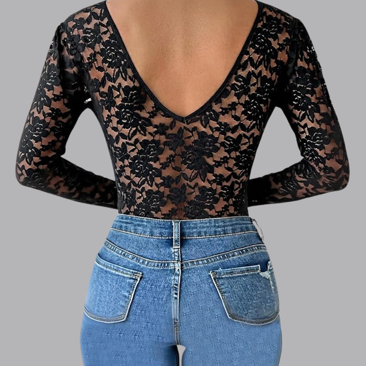 Women’s Black Floral Lace Bodysuit V Neck Long Sleeve Top