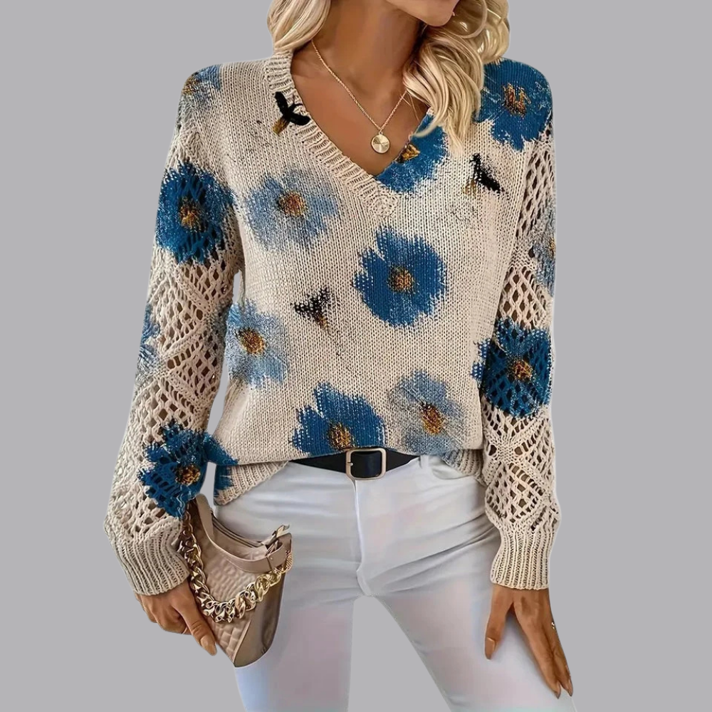 Women’s Floral Knit Sweater V Neck Open Knit Long Sleeve