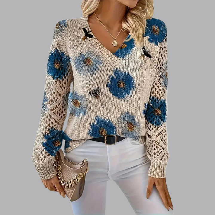 Women’s Floral Knit Sweater V Neck Open Knit Long Sleeve
