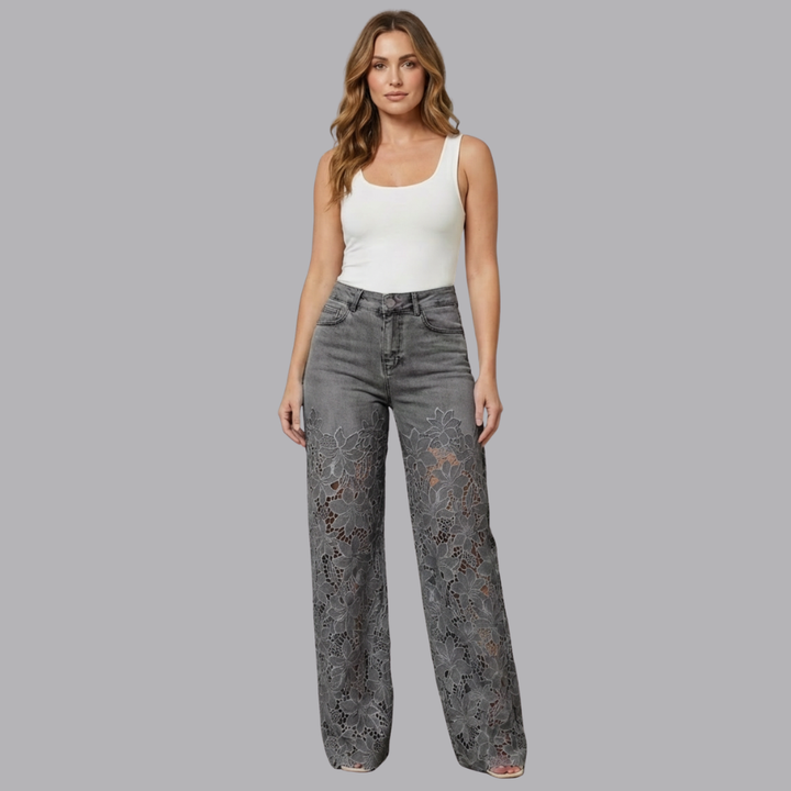 Women’s High Waisted Wide Leg Denim Jeans Floral Lace Panels