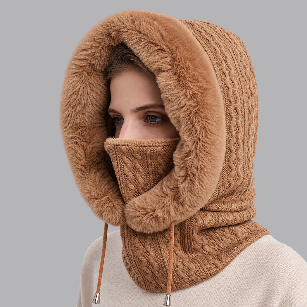 Women’s Knitted Balaclava Hood Scarf Faux Fur Trim Winter Snood