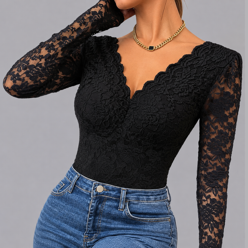 Women’s Black Floral Lace Bodysuit V Neck Long Sleeve Top