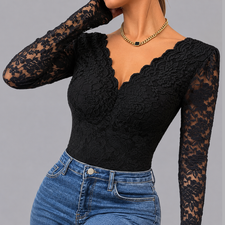 Women’s Black Floral Lace Bodysuit V Neck Long Sleeve Top