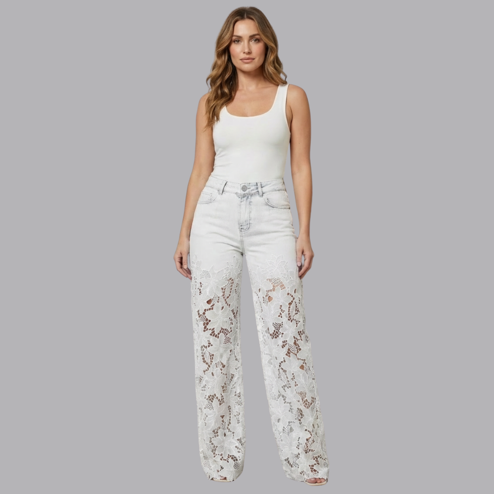 Women’s High Waisted Wide Leg Denim Jeans Floral Lace Panels