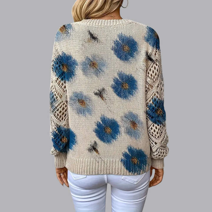 Women’s Floral Knit Sweater V Neck Open Knit Long Sleeve