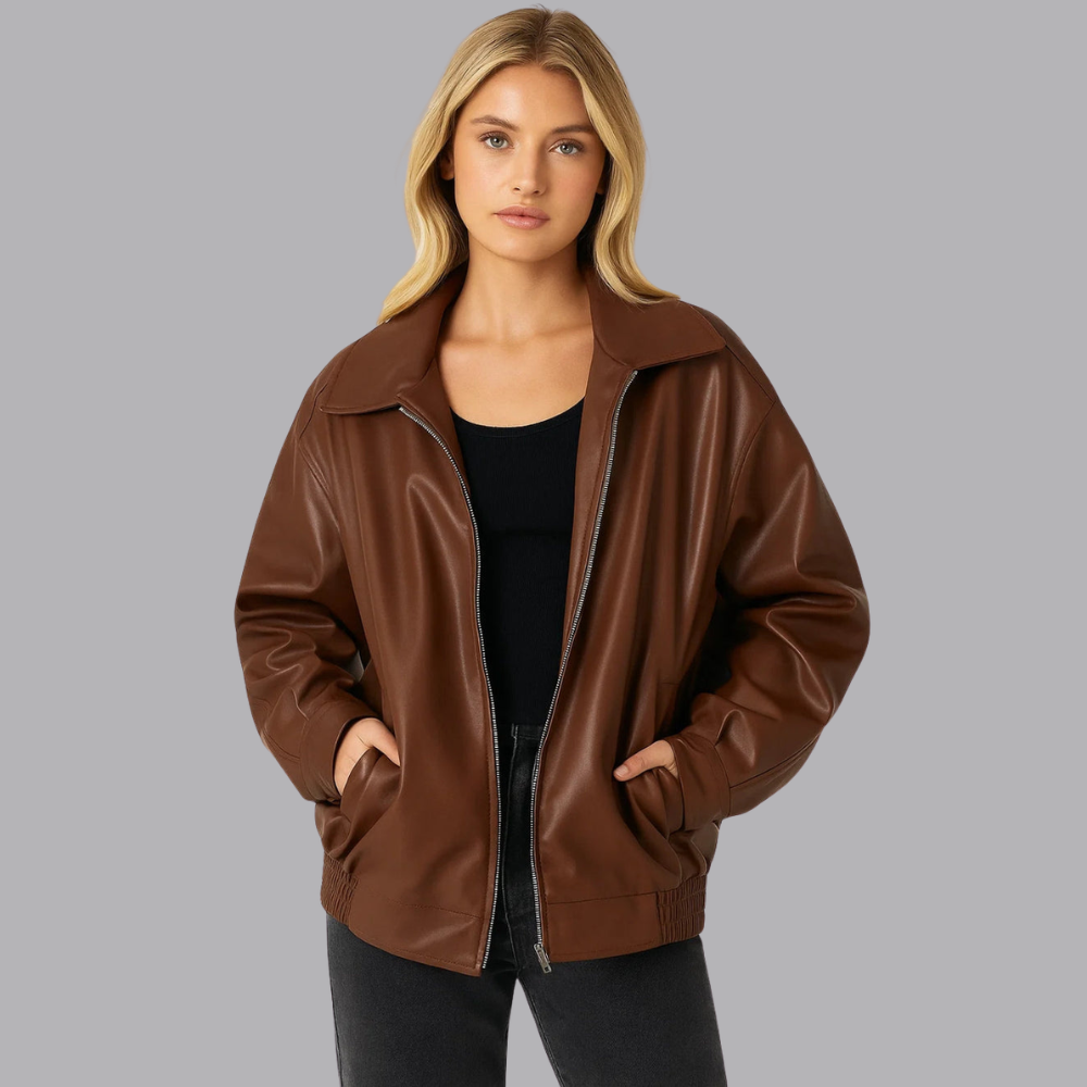 Women’s Faux Leather Bomber Jacket Oversized Fit Zip Front
