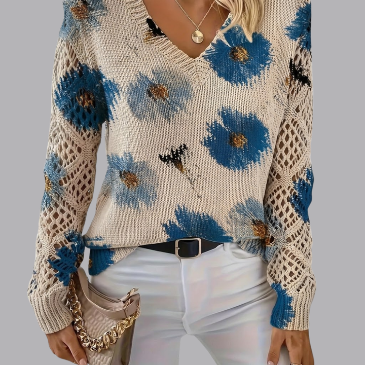 Women’s Floral Knit Sweater V Neck Open Knit Long Sleeve