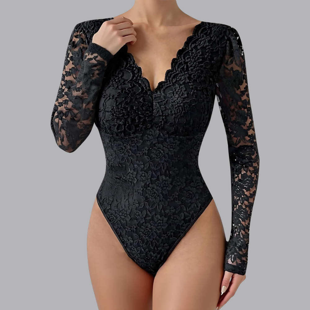 Women’s Black Floral Lace Bodysuit V Neck Long Sleeve Top