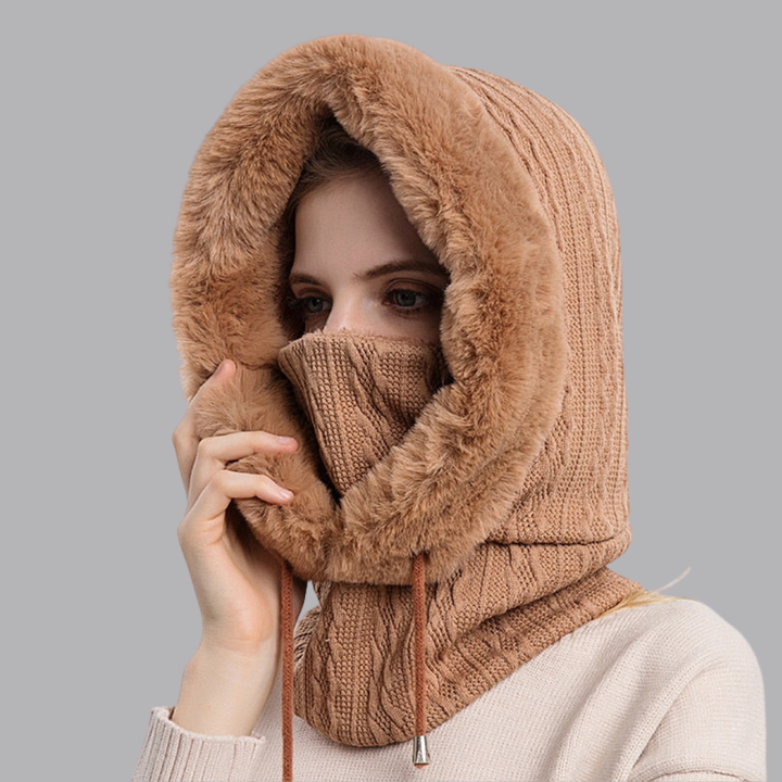 Women’s Knitted Balaclava Hood Scarf Faux Fur Trim Winter Snood