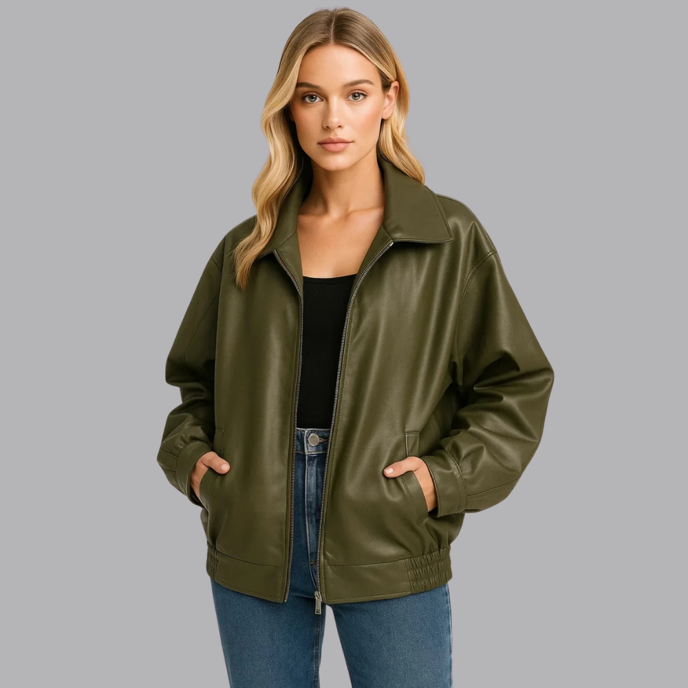 Women’s Faux Leather Bomber Jacket Oversized Fit Zip Front