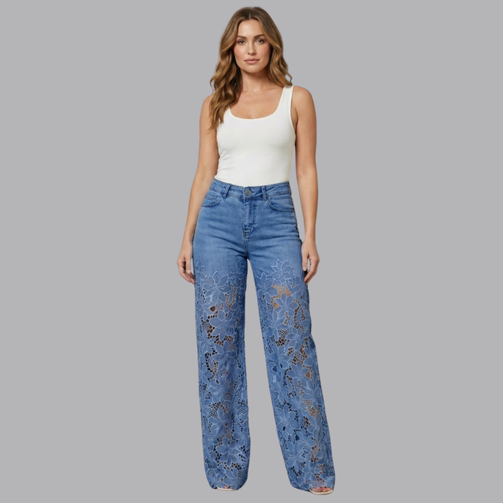 Women’s High Waisted Wide Leg Denim Jeans Floral Lace Panels