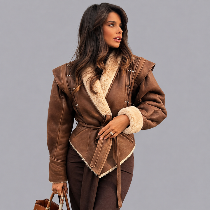Women’s Faux Shearling Aviator Jacket Belted Waist