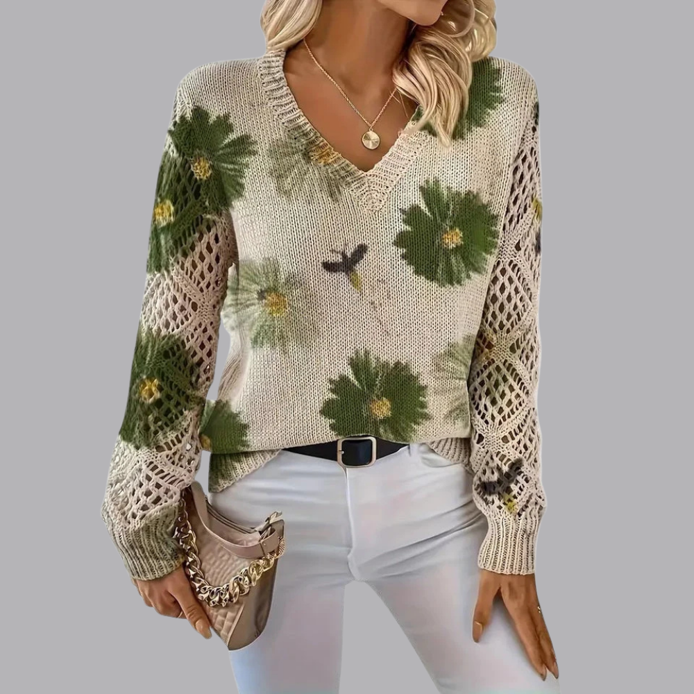 Women’s Floral Knit Sweater V Neck Open Knit Long Sleeve