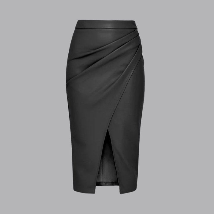 Women’s High Waist Faux Leather Midi Skirt Asymmetrical Wrap Front Slit