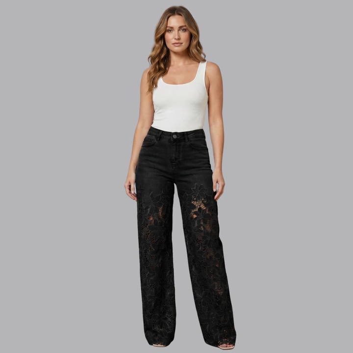 Women’s High Waisted Wide Leg Denim Jeans Floral Lace Panels