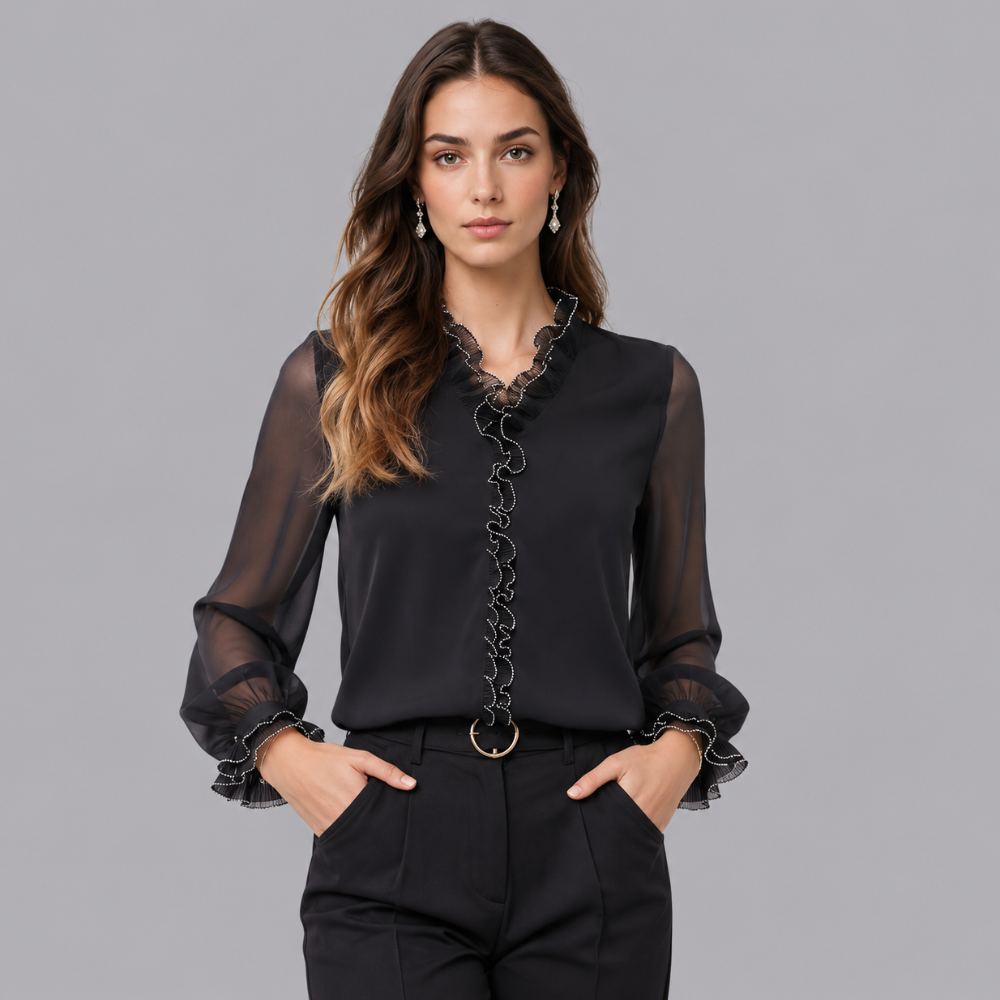 Women’s Chiffon Blouse Ruffle Trim Sheer Sleeves V Neck Top