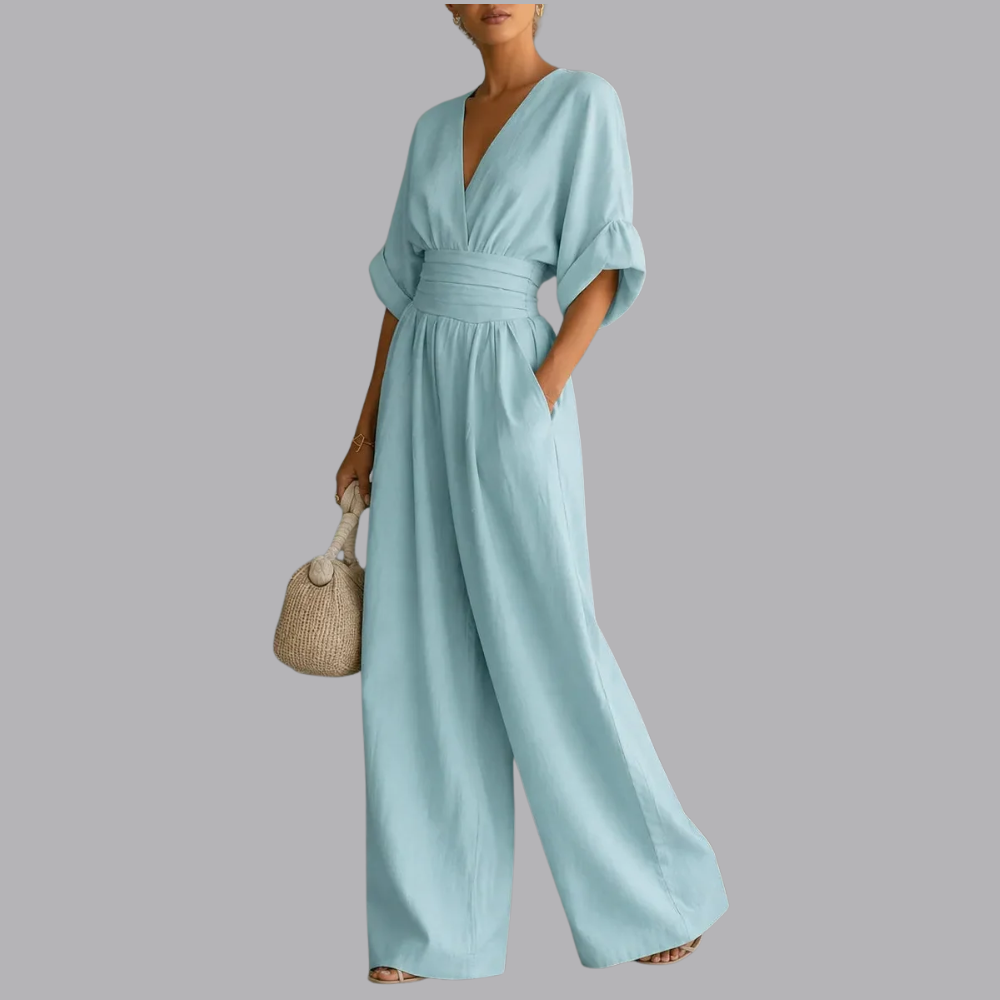 Women’s Wide Leg Jumpsuit V Neck Short Sleeve Summer Outfit