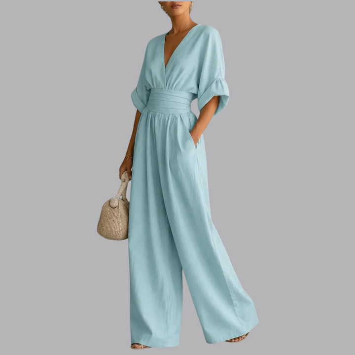 Women’s Wide Leg Jumpsuit V Neck Short Sleeve Summer Outfit