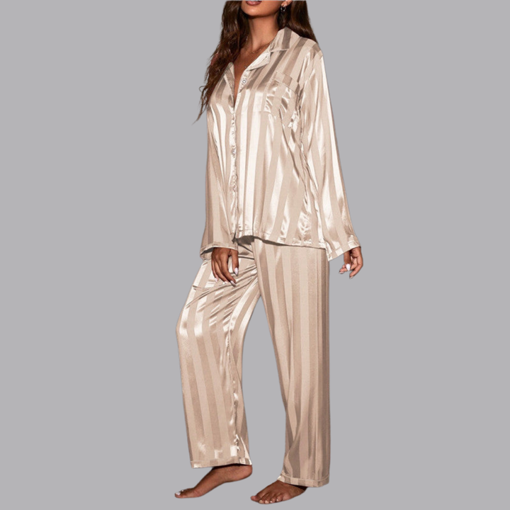 Women’s Satin Pajama Set Striped Long Sleeve &amp; Wide Leg Pants