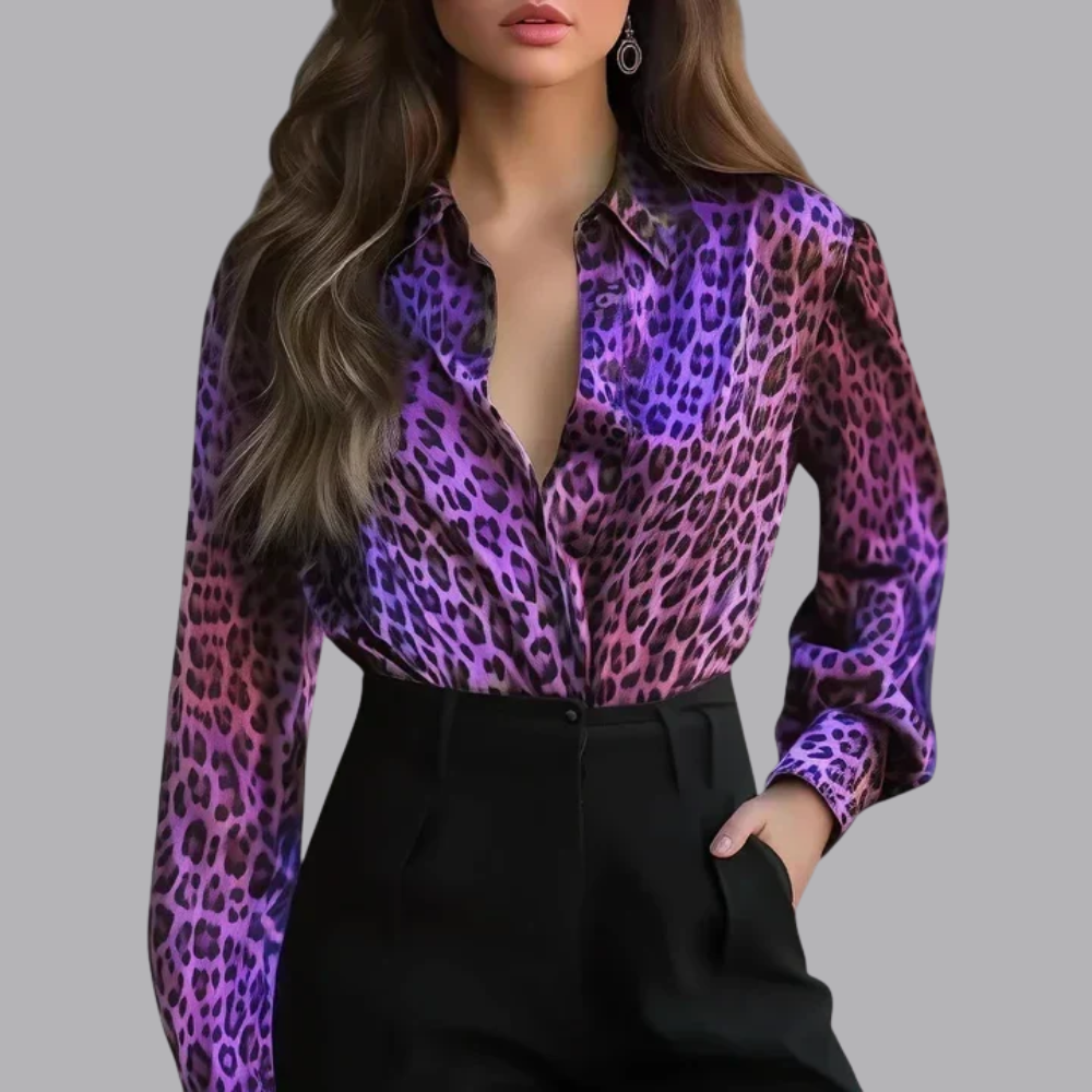 Women’s Satin Animal Print Blouse Long Sleeve Button Up Shirt