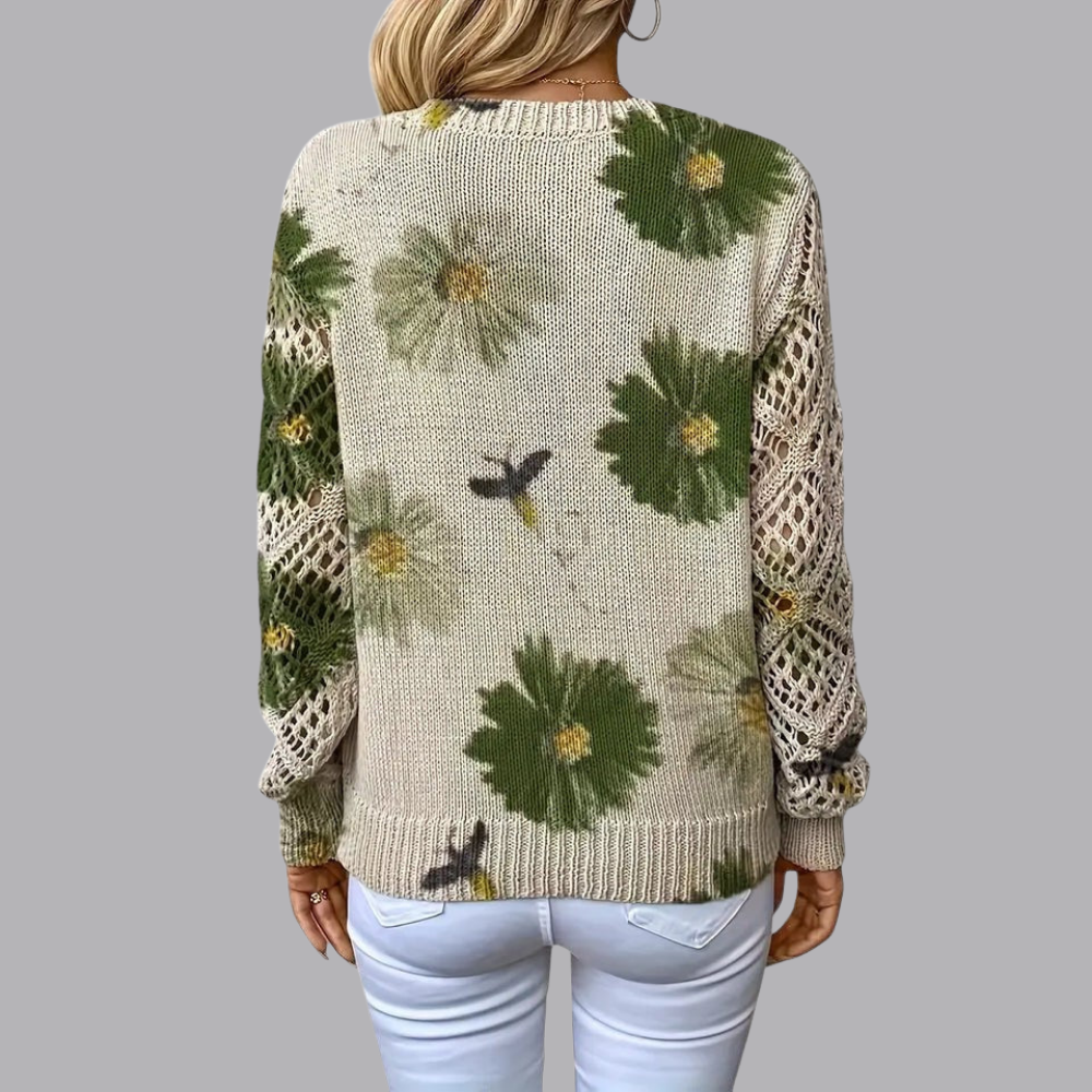 Women’s Floral Knit Sweater V Neck Open Knit Long Sleeve
