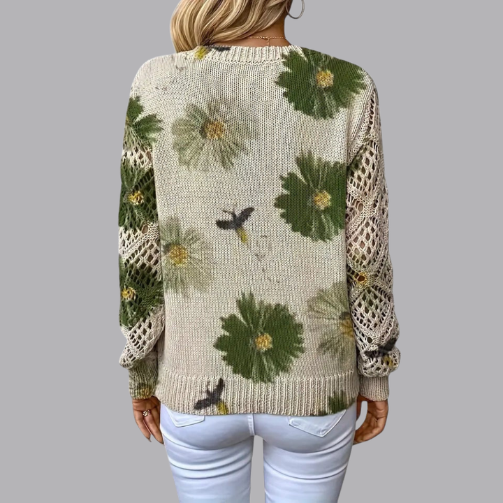 Women’s Floral Knit Sweater V Neck Open Knit Long Sleeve